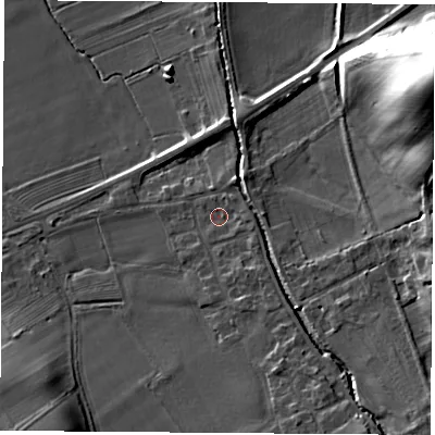 Shaded relief map of the ground around DL63EH, computed from Environment Agency LiDAR. The ground here sits at about 78 m above sea level and falls 31 m across the surrounding 800 m. Surface water reaching this point runs off ground lying to the east-south-east, 1.8 m higher.