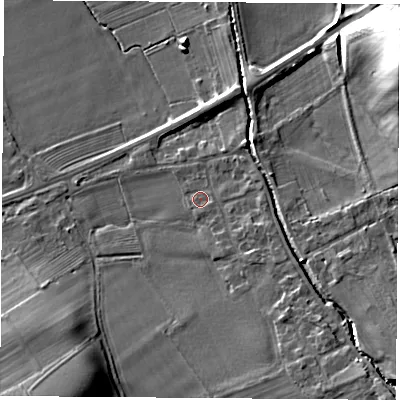 Shaded relief map of the ground around DL63EJ, computed from Environment Agency LiDAR. The ground here sits at about 78 m above sea level and falls 23 m across the surrounding 800 m. Surface water reaching this point runs off ground lying to the south-east, 0.9 m higher.