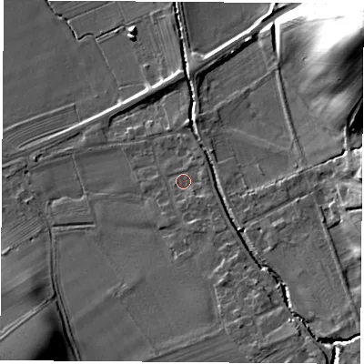 Shaded relief map of the ground around DL63EL, computed from Environment Agency LiDAR. The ground here sits at about 79 m above sea level and falls 32 m across the surrounding 800 m. Surface water reaching this point runs off ground lying to the south-east, 5.2 m higher.