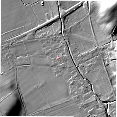 Shaded relief map of the ground around DL63EN, computed from Environment Agency LiDAR. The ground here sits at about 80 m above sea level and falls 31 m across the surrounding 800 m. Surface water reaching this point runs off ground lying to the south-east, 2.9 m higher.