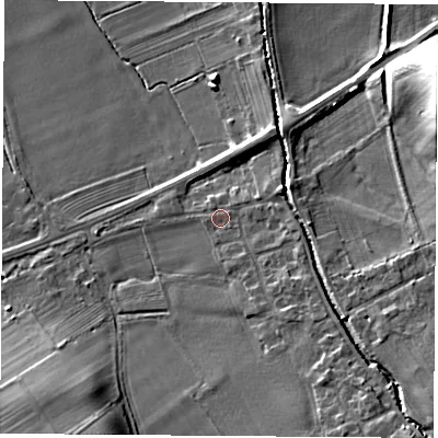 Shaded relief map of the ground around DL63EP, computed from Environment Agency LiDAR. The ground here sits at about 78 m above sea level and falls 17 m across the surrounding 800 m. Surface water reaching this point runs off ground lying to the south-east, 6.3 m higher.
