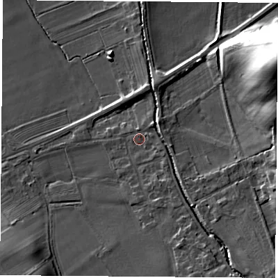 Shaded relief map of the ground around DL63EQ, computed from Environment Agency LiDAR. The ground here sits at about 79 m above sea level and falls 30 m across the surrounding 800 m. Surface water reaching this point runs off ground lying to the east-south-east, 1.8 m higher.