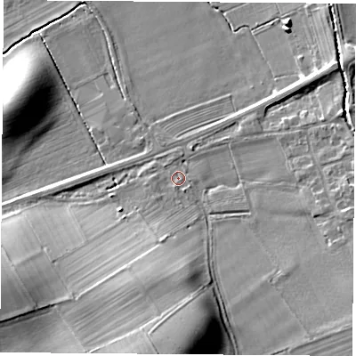 Shaded relief map of the ground around DL63ER, computed from Environment Agency LiDAR. The ground here sits at about 77 m above sea level and falls 17 m across the surrounding 800 m. Surface water reaching this point runs off ground lying to the south-south-west, 8.3 m higher.
