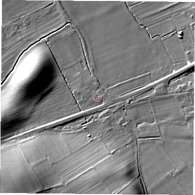 Shaded relief map of the ground around DL63ES, computed from Environment Agency LiDAR. The ground here sits at about 76 m above sea level and falls 15 m across the surrounding 800 m. Surface water reaching this point runs off ground lying to the east-south-east, 1.0 m higher.