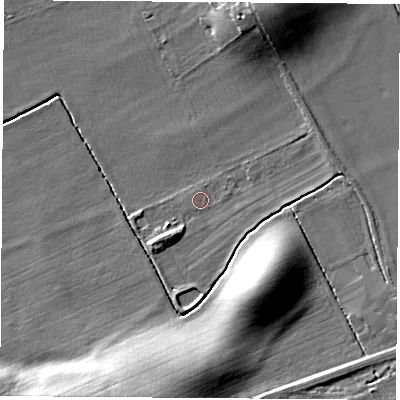 Shaded relief map of the ground around DL63ET, computed from Environment Agency LiDAR. The ground here sits at about 72 m above sea level and falls 13 m across the surrounding 800 m. Surface water reaching this point runs off ground lying to the east, 0.9 m higher.