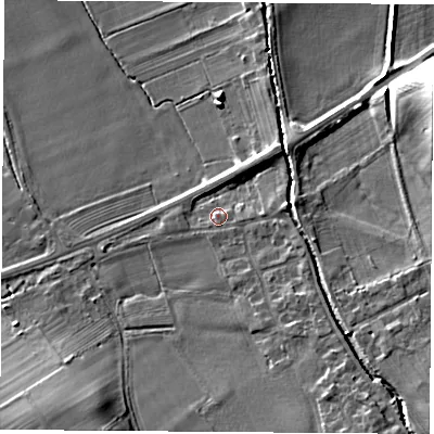 Shaded relief map of the ground around DL63EW, computed from Environment Agency LiDAR. The ground here sits at about 78 m above sea level and falls 15 m across the surrounding 800 m. Surface water reaching this point runs off ground lying to the south-east, 6.0 m higher.