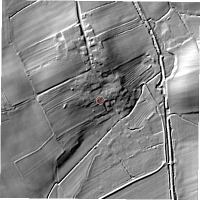 Shaded relief map of the ground around DL63HA, computed from Environment Agency LiDAR. The ground here sits at about 74 m above sea level and falls 14 m across the surrounding 800 m. Surface water reaching this point runs off ground lying to the west-north-west, 4.8 m higher.