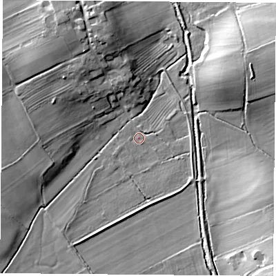 Shaded relief map of the ground around DL63HE, computed from Environment Agency LiDAR. The ground here sits at about 71 m above sea level and falls 17 m across the surrounding 800 m. Surface water reaching this point runs off ground lying to the south-west, 3.1 m higher.