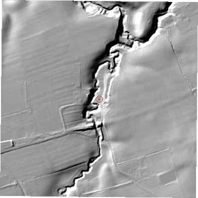 Shaded relief map of the ground around DL63HN, computed from Environment Agency LiDAR. The ground here sits at about 63 m above sea level and falls 19 m across the surrounding 800 m. Surface water reaching this point runs off ground lying to the south-east, 14.1 m higher.