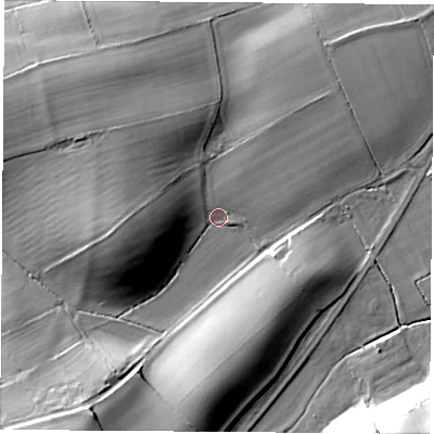 Shaded relief map of the ground around DL63HR, computed from Environment Agency LiDAR. The ground here sits at about 74 m above sea level and falls 21 m across the surrounding 800 m. Surface water reaching this point runs off ground lying to the west, 11.6 m higher.