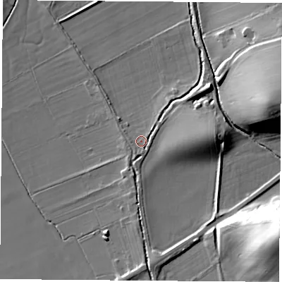 Shaded relief map of the ground around DL63HS, computed from Environment Agency LiDAR. The ground here sits at about 75 m above sea level and falls 33 m across the surrounding 800 m. Surface water reaching this point runs off ground lying to the south, 1.6 m higher.