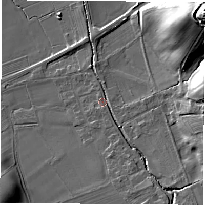 Shaded relief map of the ground around DL63HY, computed from Environment Agency LiDAR. The ground here sits at about 80 m above sea level and falls 36 m across the surrounding 800 m. Surface water reaching this point runs off ground lying to the south-east, 9.4 m higher.