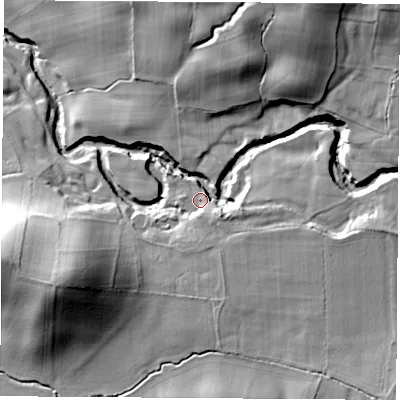 Shaded relief map of the ground around DL63PZ, computed from Environment Agency LiDAR. The ground here sits at about 110 m above sea level and falls 30 m across the surrounding 800 m. Surface water reaching this point runs off ground lying to the north-north-east, 22.2 m higher.