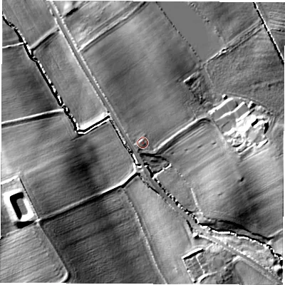 Shaded relief map of the ground around DL63SA, computed from Environment Agency LiDAR. The ground here sits at about 44 m above sea level and falls 17 m across the surrounding 800 m. Surface water reaching this point runs off ground lying to the north-east, 4.8 m higher.