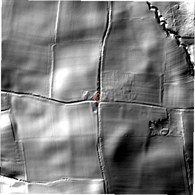 Shaded relief map of the ground around DL63TE, computed from Environment Agency LiDAR. The ground here sits at about 103 m above sea level and falls 38 m across the surrounding 800 m. Surface water reaching this point runs off ground lying to the south, 8.9 m higher.