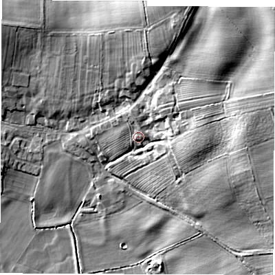 Shaded relief map of the ground around DL70DW, computed from Environment Agency LiDAR. The ground here sits at about 42 m above sea level and falls 16 m across the surrounding 800 m. Surface water reaching this point runs off ground lying to the east, 8.5 m higher.