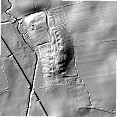 Shaded relief map of the ground around DL70EF, computed from Environment Agency LiDAR. The ground here sits at about 50 m above sea level and falls 19 m across the surrounding 800 m. Surface water reaching this point runs off ground lying to the east, 2.2 m higher.