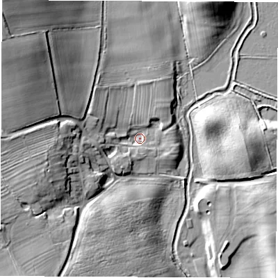 Shaded relief map of the ground around DL70LS, computed from Environment Agency LiDAR. The ground here sits at about 32 m above sea level and falls 22 m across the surrounding 800 m. Surface water reaching this point runs off ground lying to the west, 5.1 m higher.