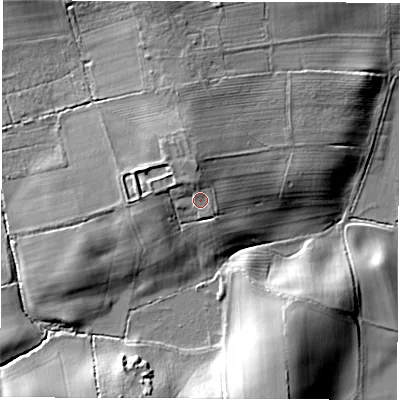 Shaded relief map of the ground around DL70LX, computed from Environment Agency LiDAR. The ground here sits at about 42 m above sea level and falls 16 m across the surrounding 800 m. Surface water reaching this point runs off ground lying to the north, 3.9 m higher.
