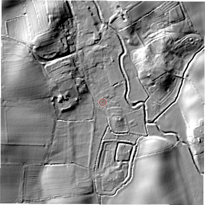 Shaded relief map of the ground around DL70LY, computed from Environment Agency LiDAR. The ground here sits at about 35 m above sea level and falls 16 m across the surrounding 800 m. Surface water reaching this point runs off ground lying to the south-south-east, 0.6 m higher.