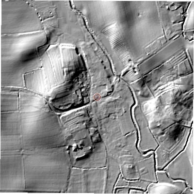 Shaded relief map of the ground around DL70NG, computed from Environment Agency LiDAR. The ground here sits at about 35 m above sea level and falls 18 m across the surrounding 800 m. Surface water reaching this point runs off ground lying to the west, 12.1 m higher.