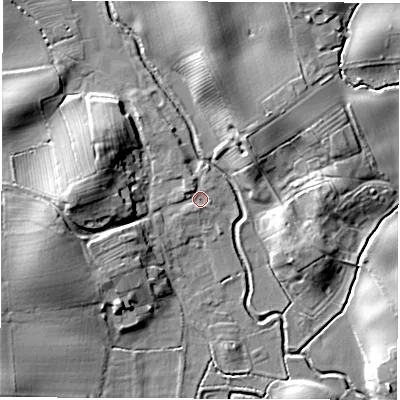 Shaded relief map of the ground around DL70NH, computed from Environment Agency LiDAR. The ground here sits at about 35 m above sea level and falls 16 m across the surrounding 800 m. Surface water reaching this point runs off ground lying to the west, 12.1 m higher.