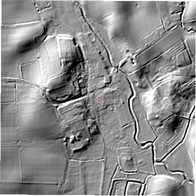 Shaded relief map of the ground around DL70NQ, computed from Environment Agency LiDAR. The ground here sits at about 35 m above sea level and falls 18 m across the surrounding 800 m. Surface water reaching this point runs off ground lying to the west-south-west, 6.4 m higher.