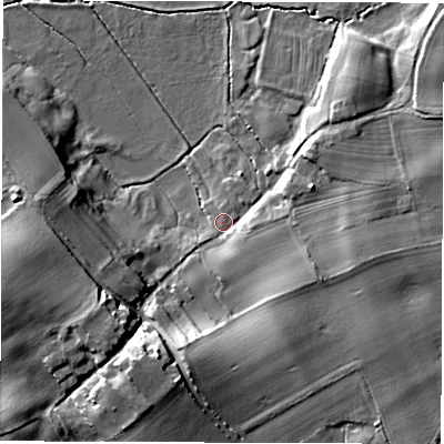 Shaded relief map of the ground around DL70PN, computed from Environment Agency LiDAR. The ground here sits at about 29 m above sea level and falls 14 m across the surrounding 800 m. Surface water reaching this point runs off ground lying to the south-south-west, 11.7 m higher.