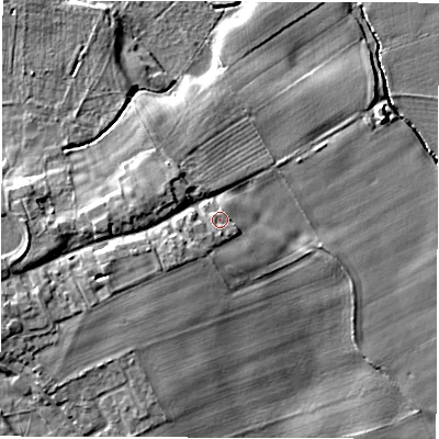 Shaded relief map of the ground around DL70QX, computed from Environment Agency LiDAR. The ground here sits at about 31 m above sea level and falls 8 m across the surrounding 800 m. Surface water reaching this point runs off ground lying to the south-west, 1.3 m higher.