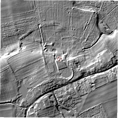 Shaded relief map of the ground around DL70QY, computed from Environment Agency LiDAR. The ground here sits at about 32 m above sea level and falls 10 m across the surrounding 800 m. Surface water reaching this point runs off ground lying to the south-south-west, 4.7 m higher.