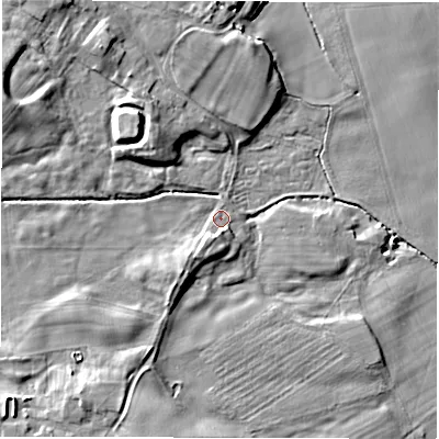 Shaded relief map of the ground around DL70RY, computed from Environment Agency LiDAR. The ground here sits at about 33 m above sea level and falls 11 m across the surrounding 800 m. Surface water reaching this point runs off ground lying to the south-south-west, 3.8 m higher.
