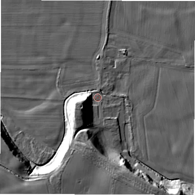 Shaded relief map of the ground around DL70ST, computed from Environment Agency LiDAR. The ground here sits at about 36 m above sea level and falls 20 m across the surrounding 800 m. Surface water reaching this point runs off ground lying to the south-west, 14.0 m higher.