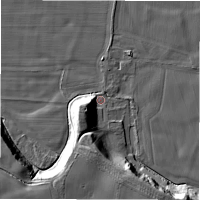 Shaded relief map of the ground around DL70SU, computed from Environment Agency LiDAR. The ground here sits at about 36 m above sea level and falls 20 m across the surrounding 800 m. Surface water reaching this point runs off ground lying to the west-south-west, 14.3 m higher.