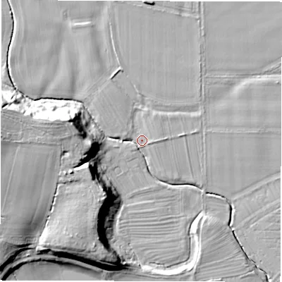 Shaded relief map of the ground around DL70SY, computed from Environment Agency LiDAR. The ground here sits at about 32 m above sea level and falls 22 m across the surrounding 800 m. Surface water reaching this point runs off ground lying to the west-north-west, 20.7 m higher.