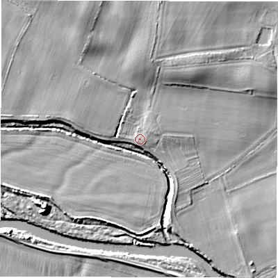 Shaded relief map of the ground around DL70SZ, computed from Environment Agency LiDAR. The ground here sits at about 38 m above sea level and falls 12 m across the surrounding 800 m. Surface water reaching this point runs off ground lying to the east-north-east, 1.1 m higher.