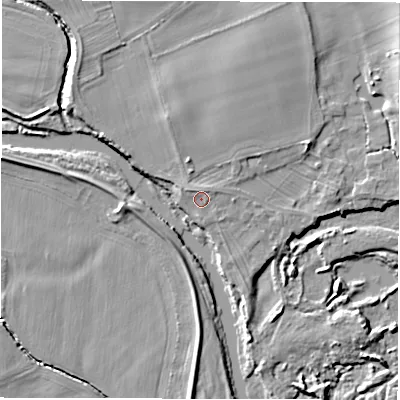 Shaded relief map of the ground around DL70TA, computed from Environment Agency LiDAR. The ground here sits at about 36 m above sea level and falls 8 m across the surrounding 800 m. Surface water reaching this point runs off ground lying to the east-north-east, 0.7 m higher.