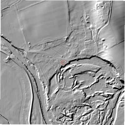Shaded relief map of the ground around DL70TB, computed from Environment Agency LiDAR. The ground here sits at about 35 m above sea level and falls 15 m across the surrounding 800 m. Surface water reaching this point runs off ground lying to the east-north-east, 0.8 m higher.