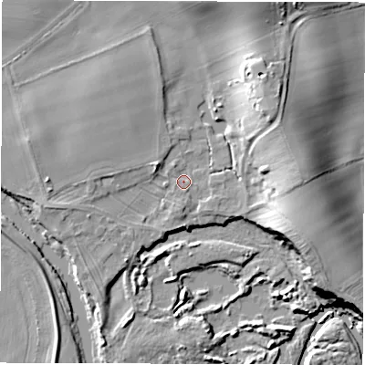 Shaded relief map of the ground around DL70TE, computed from Environment Agency LiDAR. The ground here sits at about 35 m above sea level and falls 15 m across the surrounding 800 m. Surface water reaching this point runs off ground lying to the west-north-west, 2.8 m higher.