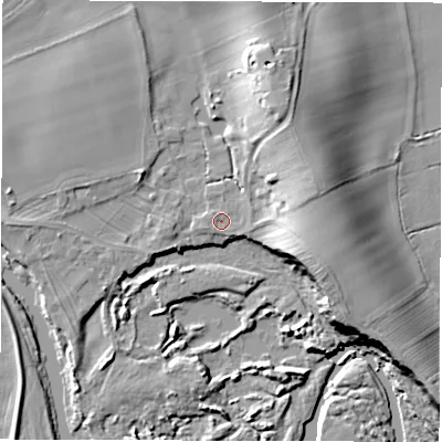 Shaded relief map of the ground around DL70TF, computed from Environment Agency LiDAR. The ground here sits at about 35 m above sea level and falls 15 m across the surrounding 800 m. Surface water reaching this point runs off ground lying to the east-north-east, 9.8 m higher.