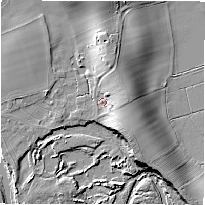 Shaded relief map of the ground around DL70TG, computed from Environment Agency LiDAR. The ground here sits at about 37 m above sea level and falls 15 m across the surrounding 800 m. Surface water reaching this point runs off ground lying to the east, 9.4 m higher.