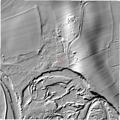 Shaded relief map of the ground around DL70TY, computed from Environment Agency LiDAR. The ground here sits at about 35 m above sea level and falls 15 m across the surrounding 800 m. Surface water reaching this point runs off ground lying to the east, 10.9 m higher.