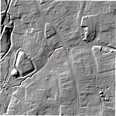 Shaded relief map of the ground around DL78AG, computed from Environment Agency LiDAR. The ground here sits at about 40 m above sea level and falls 10 m across the surrounding 800 m. Surface water reaching this point runs off ground lying to the south-east, 2.1 m higher.