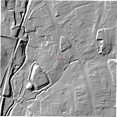 Shaded relief map of the ground around DL78DJ, computed from Environment Agency LiDAR. The ground here sits at about 41 m above sea level and falls 13 m across the surrounding 800 m. Surface water reaching this point runs off ground lying to the east-south-east, 0.9 m higher.