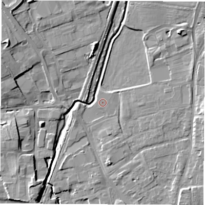 Shaded relief map of the ground around DL78DL, computed from Environment Agency LiDAR. The ground here sits at about 40 m above sea level and falls 11 m across the surrounding 800 m. The ground contributing surface water to this point lies to the south-south-west.