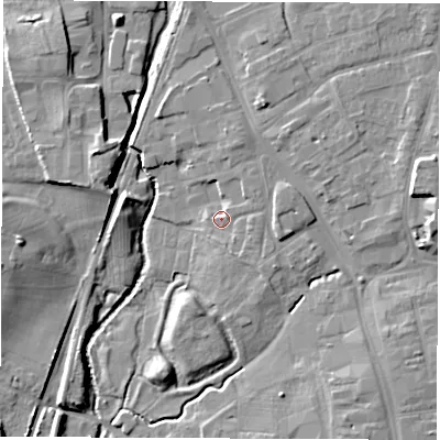 Shaded relief map of the ground around DL78DN, computed from Environment Agency LiDAR. The ground here sits at about 39 m above sea level and falls 12 m across the surrounding 800 m. Surface water reaching this point runs off ground lying to the south-south-east, 1.7 m higher.