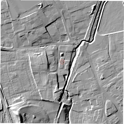 Shaded relief map of the ground around DL78DR, computed from Environment Agency LiDAR. The ground here sits at about 39 m above sea level and falls 19 m across the surrounding 800 m. Surface water reaching this point runs off ground lying to the south-west, 6.1 m higher.