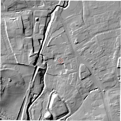 Shaded relief map of the ground around DL78DS, computed from Environment Agency LiDAR. The ground here sits at about 39 m above sea level and falls 14 m across the surrounding 800 m. Surface water reaching this point runs off ground lying to the north-east, 2.5 m higher.