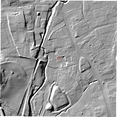 Shaded relief map of the ground around DL78DT, computed from Environment Agency LiDAR. The ground here sits at about 38 m above sea level and falls 17 m across the surrounding 800 m. Surface water reaching this point runs off ground lying to the north-east, 3.7 m higher.
