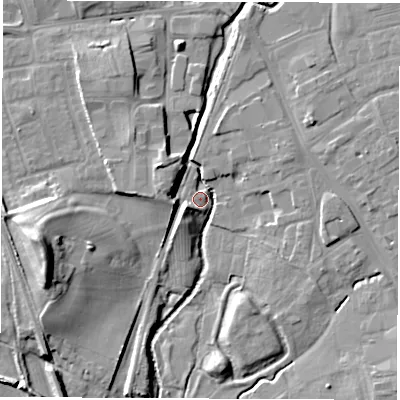 Shaded relief map of the ground around DL78DU, computed from Environment Agency LiDAR. The ground here sits at about 39 m above sea level and falls 19 m across the surrounding 800 m. Surface water reaching this point runs off ground lying to the west-north-west, 7.8 m higher.