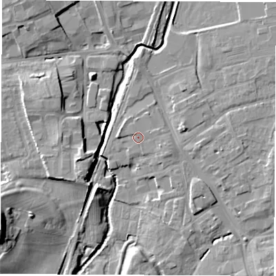 Shaded relief map of the ground around DL78DX, computed from Environment Agency LiDAR. The ground here sits at about 40 m above sea level and falls 18 m across the surrounding 800 m. Surface water reaching this point runs off ground lying to the east-south-east, 1.3 m higher.